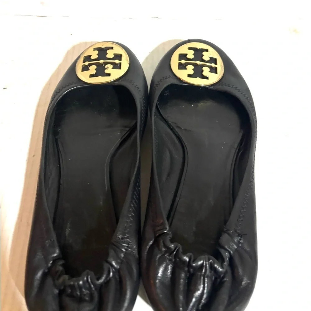 Tory Burch Black Flats with Gold Emblem